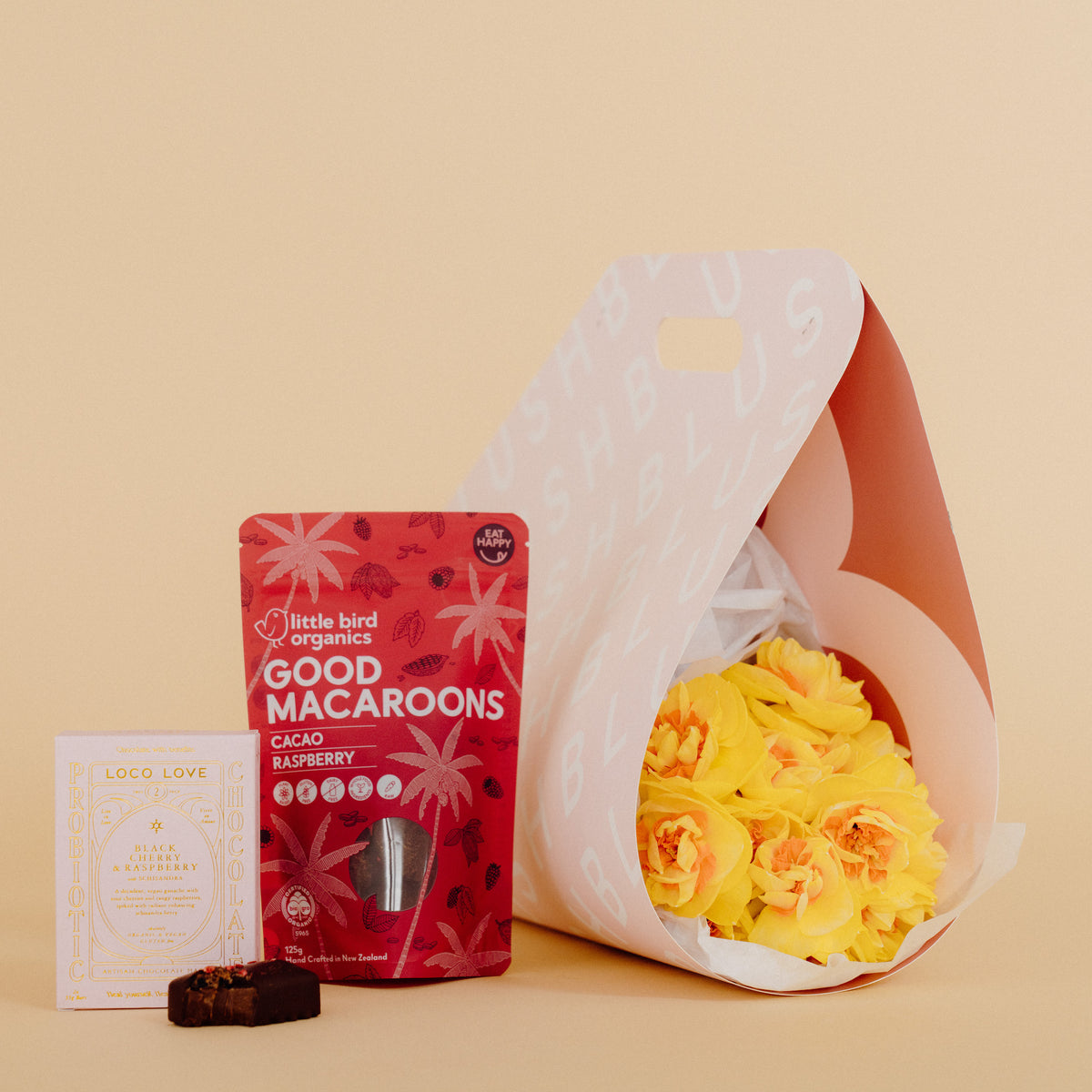 SEASONAL BLOOM  FLOWER CARRIER, MACAROONS + LOCO LOVE CHOCOLATES