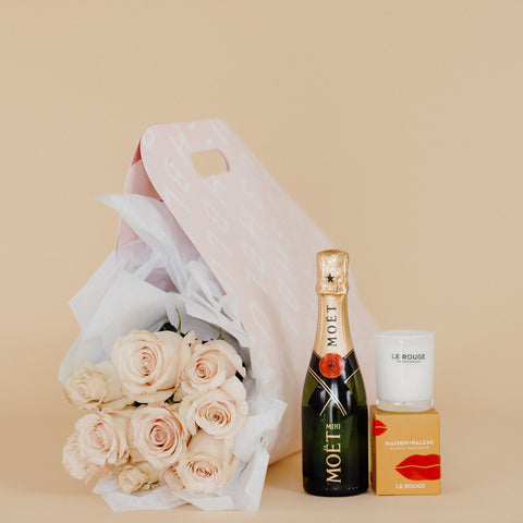 Rose Carrier Bouquet + Maison Balzac Candle + Mini Moet