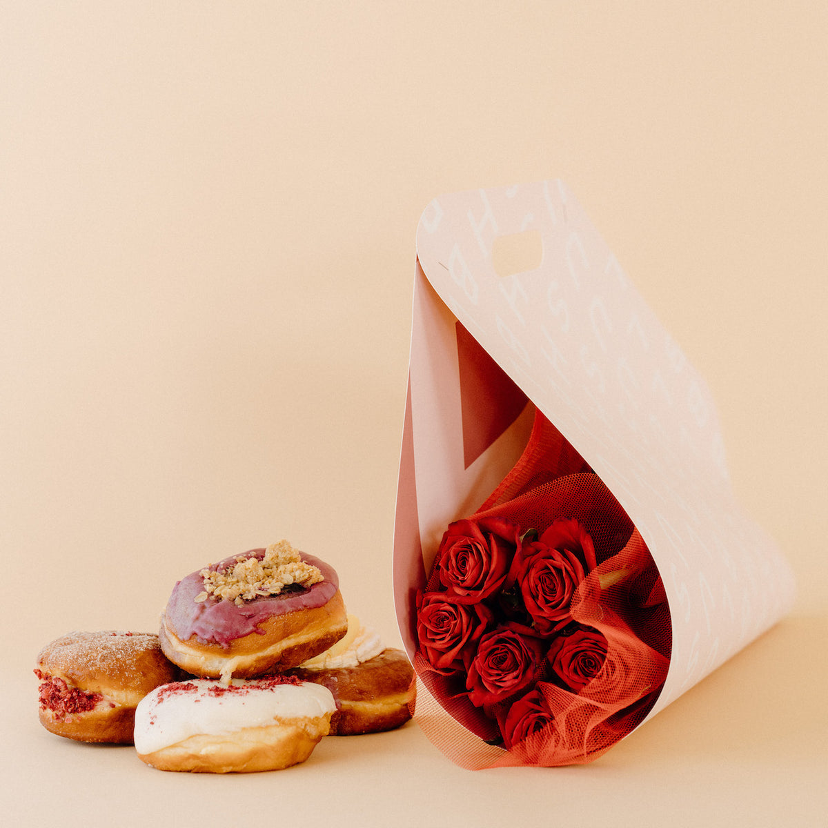 Red Rose Bouquet Carrier + Doe Donuts
